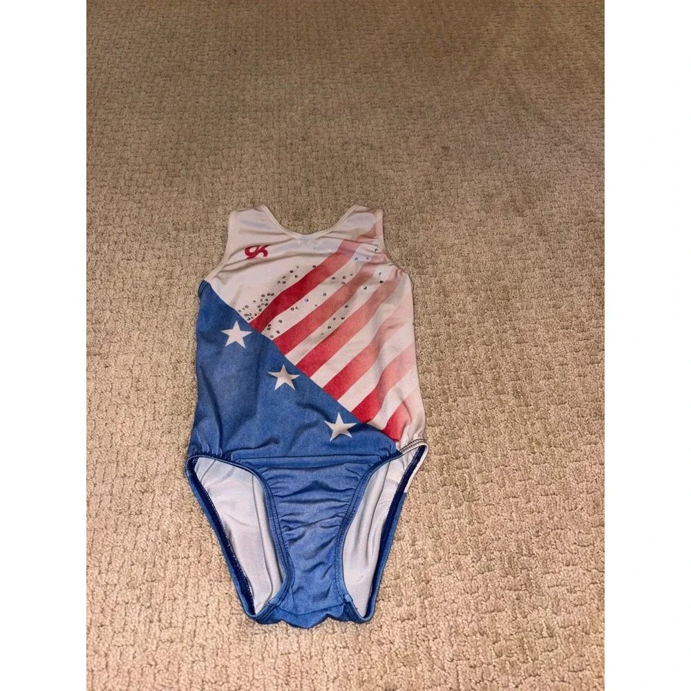 GK Elite Kids Americana Stars Stripes Rhinestone Gymnastics Leotard CM Red White